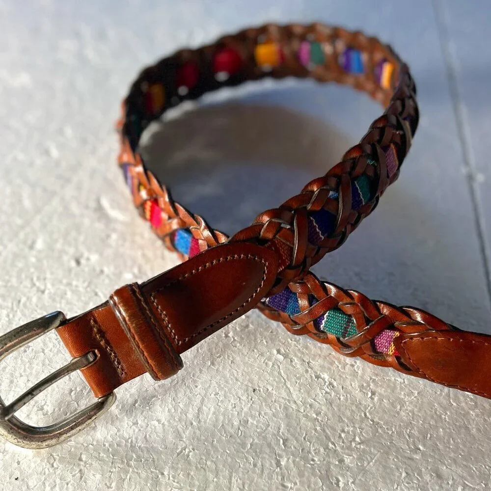 Fossil SZS Braided multi color tape leather belt western artsy ranch southwest